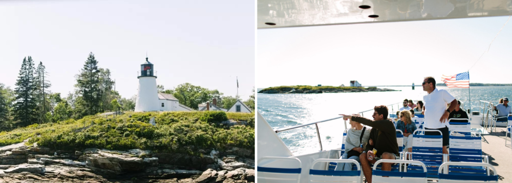 Left: Lighthouse on rocky shore; Right: People on boat, ocean in background.