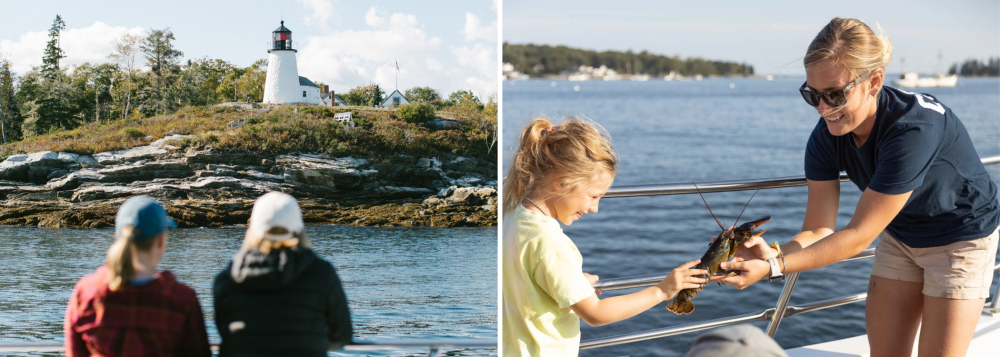 Two images: people viewing a lighthouse; child and adult examining a lobster on a boat.